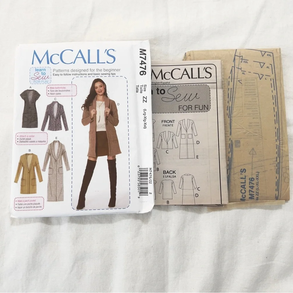 McCall’s M7476 Cardigan Pattern L-XXL Uncut Factory Folded